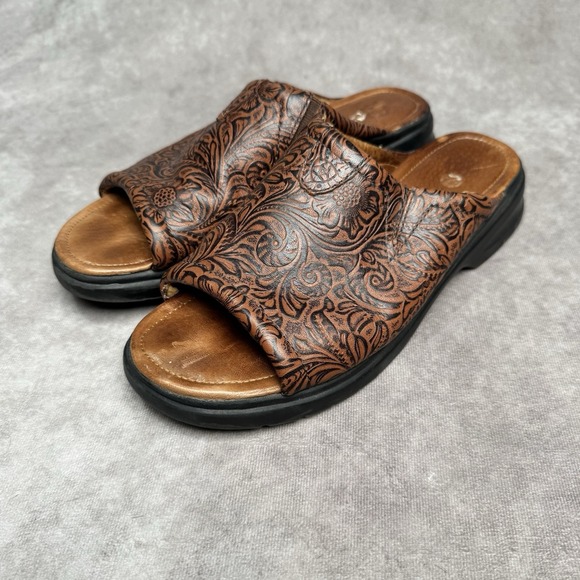 Ariat Bridgeport Women's Brown Floral Leather Slides Sandals Size 9B - Picture 2 of 8